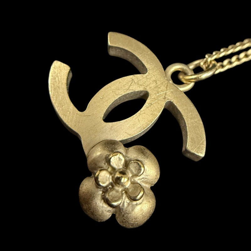 CHANEL Coco Mark Camellia Necklace Accessory Gold Metal Flower Motif Double C