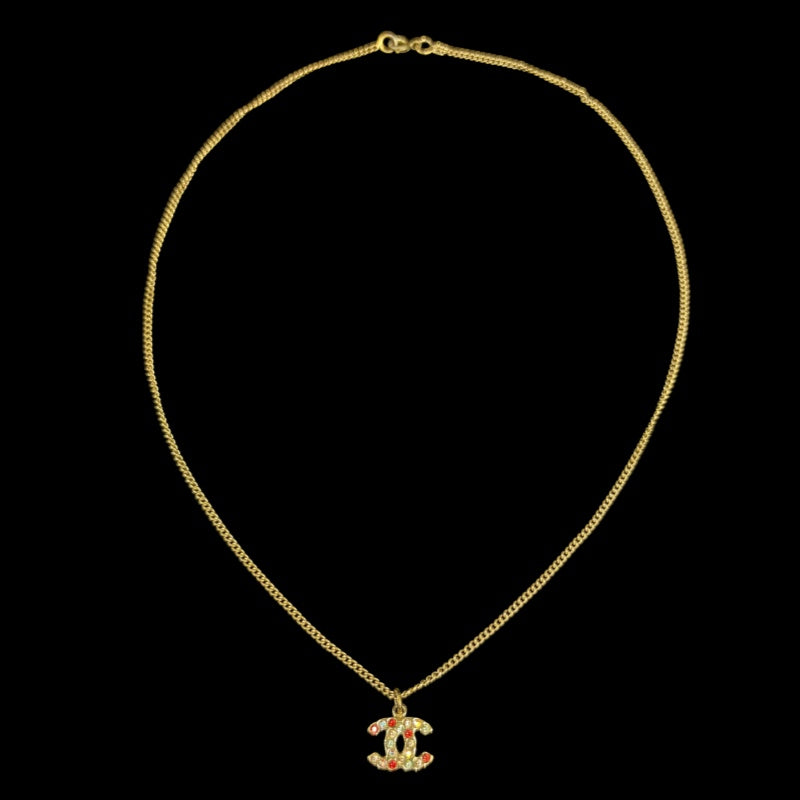 CHANEL Coco Mark Rhinestone Necklace  Gold Multicolor  Double C Motif Stamped