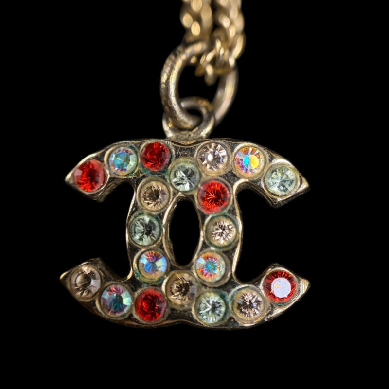 CHANEL Coco Mark Rhinestone Necklace  Gold Multicolor  Double C Motif Stamped