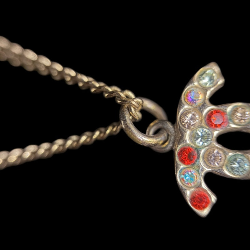 CHANEL Coco Mark Rhinestone Necklace  Gold Multicolor  Double C Motif Stamped
