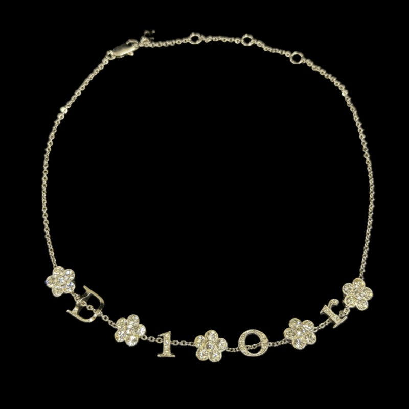 CHRISTIAN DIOR Flower Rhinestone Necklace Accessory Silver Crystal Flower Motif D Logo Gorgeous Glam