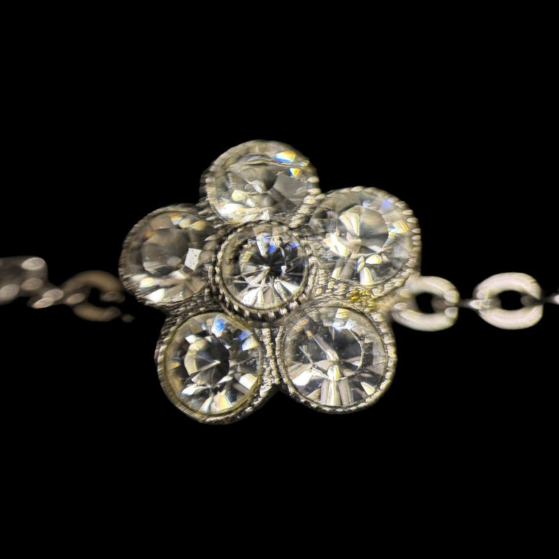 CHRISTIAN DIOR Flower Rhinestone Necklace Accessory Silver Crystal Flower Motif D Logo Gorgeous Glam