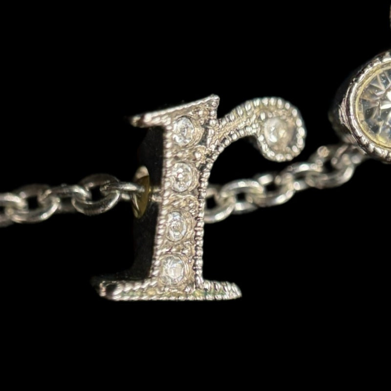 CHRISTIAN DIOR Flower Rhinestone Necklace Accessory Silver Crystal Flower Motif D Logo Gorgeous Glam
