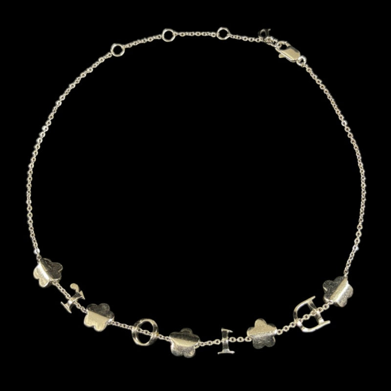 CHRISTIAN DIOR Flower Rhinestone Necklace Accessory Silver Crystal Flower Motif D Logo Gorgeous Glam