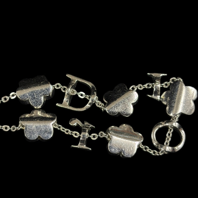CHRISTIAN DIOR Flower Rhinestone Necklace Accessory Silver Crystal Flower Motif D Logo Gorgeous Glam