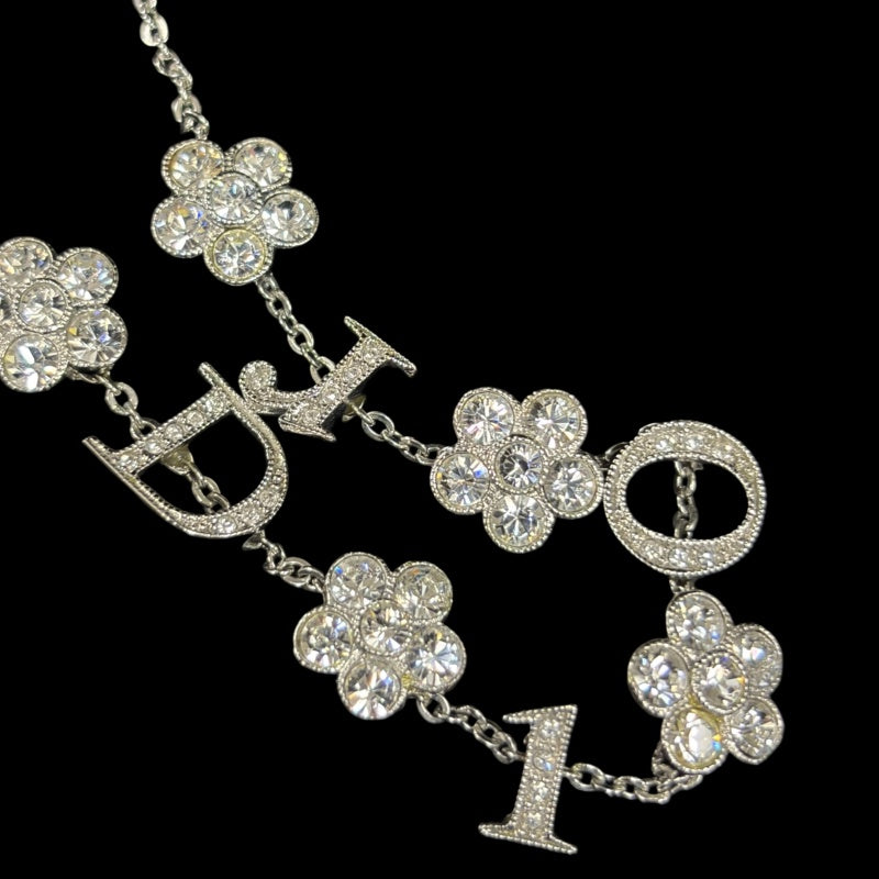 CHRISTIAN DIOR Flower Rhinestone Necklace Accessory Silver Crystal Flower Motif D Logo Gorgeous Glam
