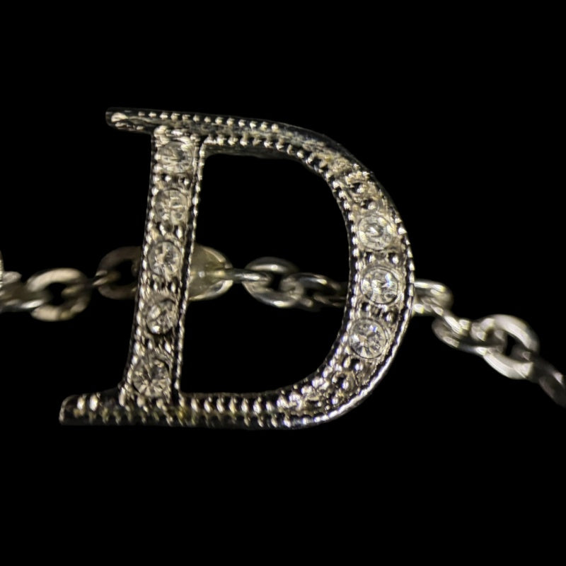 CHRISTIAN DIOR Flower Rhinestone Necklace Accessory Silver Crystal Flower Motif D Logo Gorgeous Glam