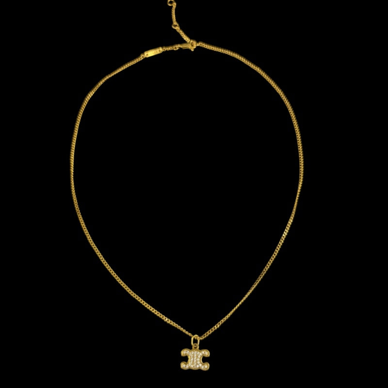 CELINE Triomphe Rhinestone Necklace Accessory Gold Metal Pave Stone Pendant Twist Chain
