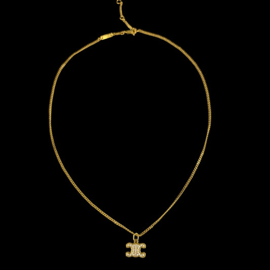 CELINE Triomphe Rhinestone Necklace Accessory Gold Metal Pave Stone Pendant Twist Chain