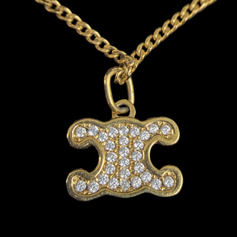 CELINE Triomphe Rhinestone Necklace Accessory Gold Metal Pave Stone Pendant Twist Chain