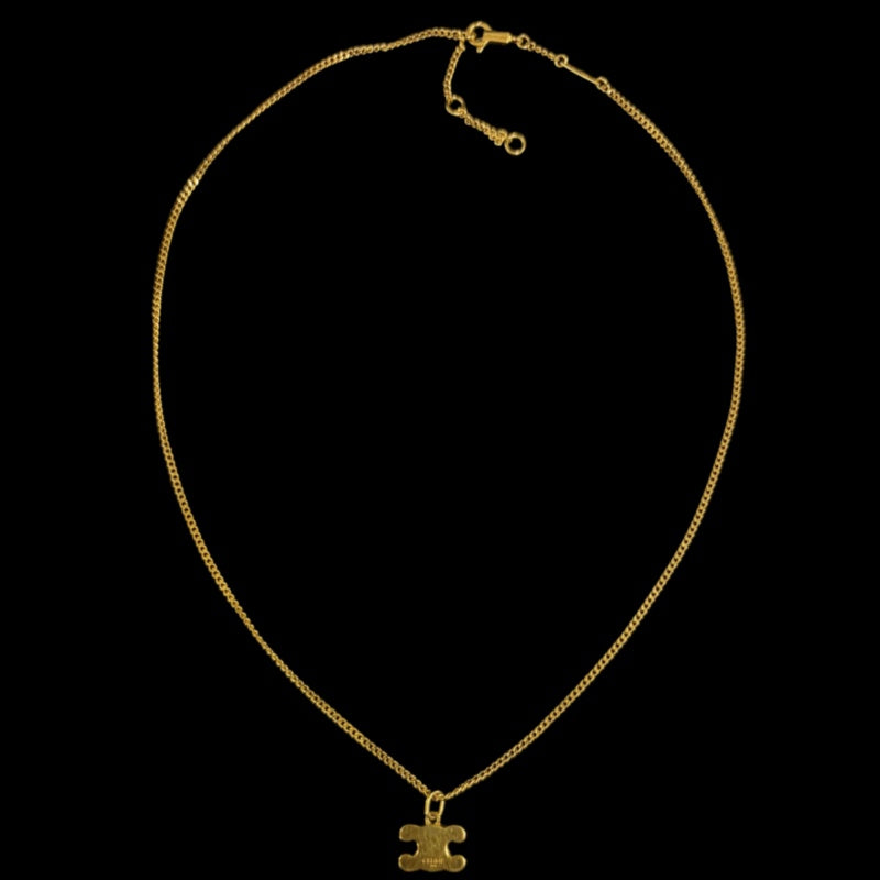 CELINE Triomphe Rhinestone Necklace Accessory Gold Metal Pave Stone Pendant Twist Chain