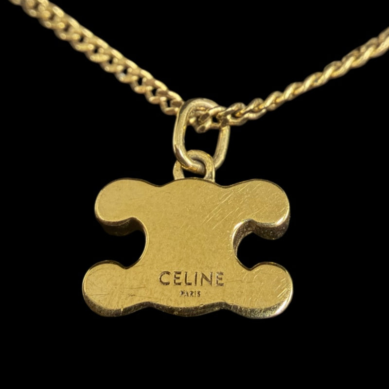 CELINE Triomphe Rhinestone Necklace Accessory Gold Metal Pave Stone Pendant Twist Chain