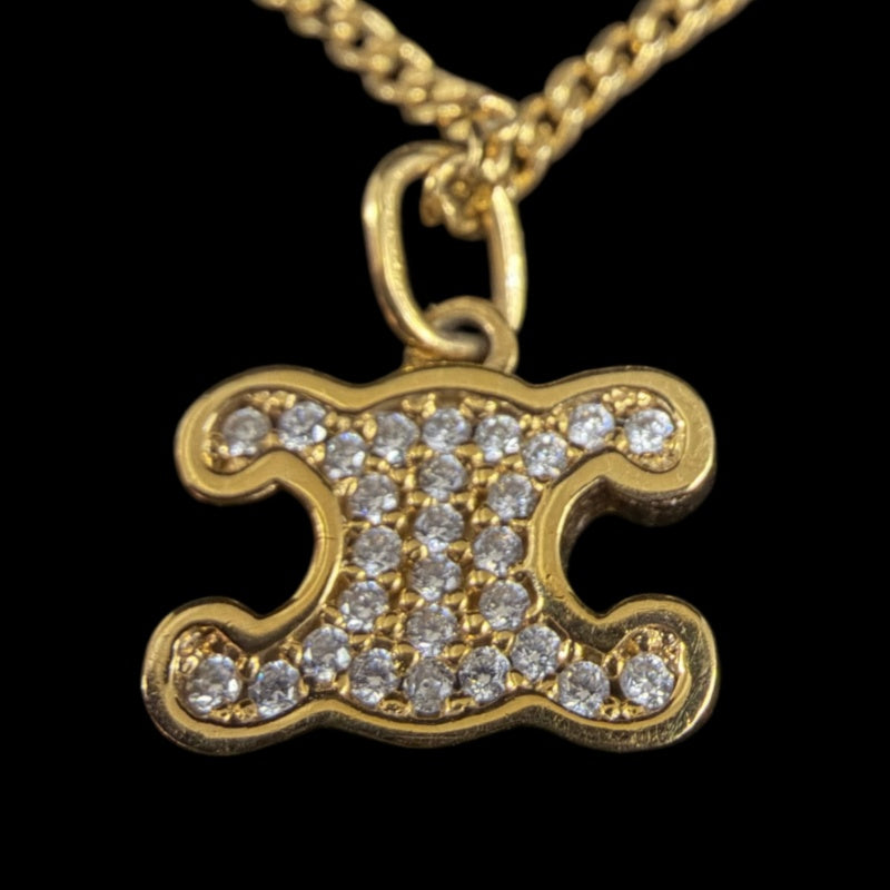 CELINE Triomphe Rhinestone Necklace Accessory Gold Metal Pave Stone Pendant Twist Chain