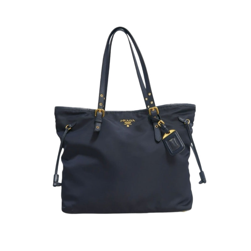 PRADA Nylon Tote Shoulder Bag In Navy Blue With Gold Hardware