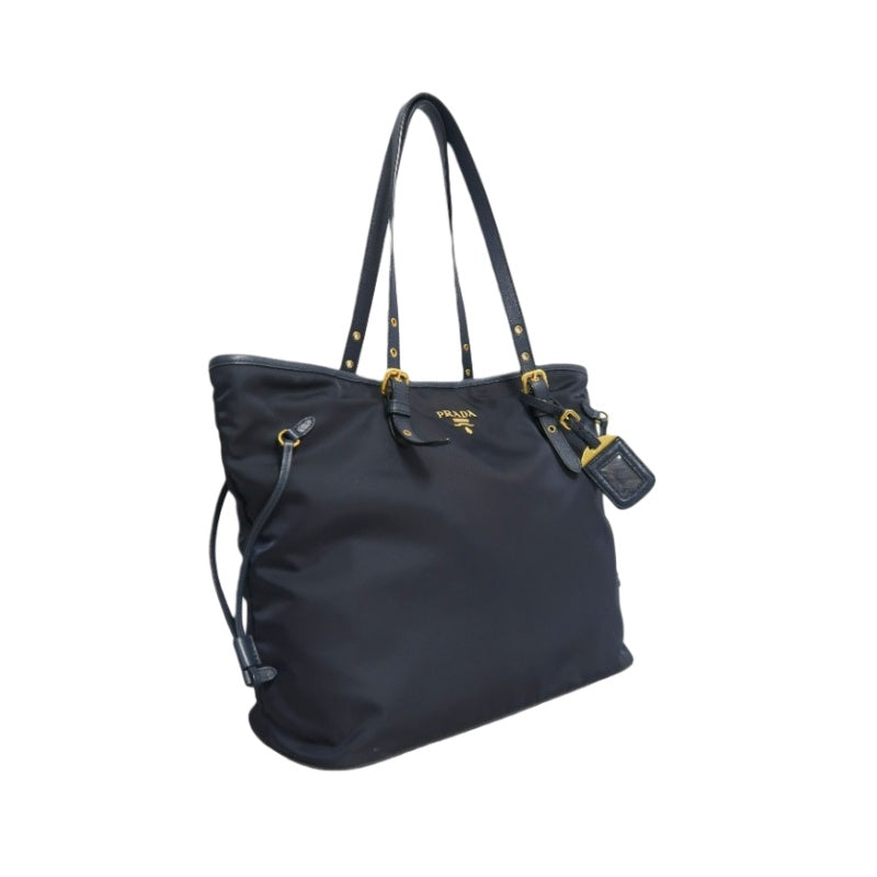 PRADA Nylon Tote Shoulder Bag In Navy Blue With Gold Hardware