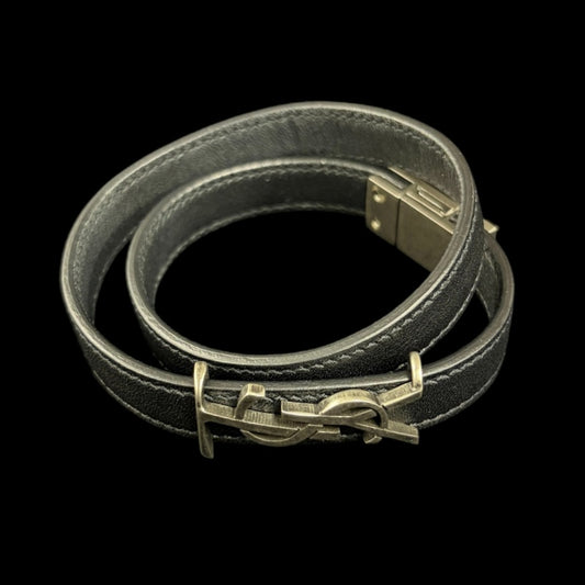 YVES SAINT LAURENT Black Leather Logo Bangle Bracelet With Silver Hardware