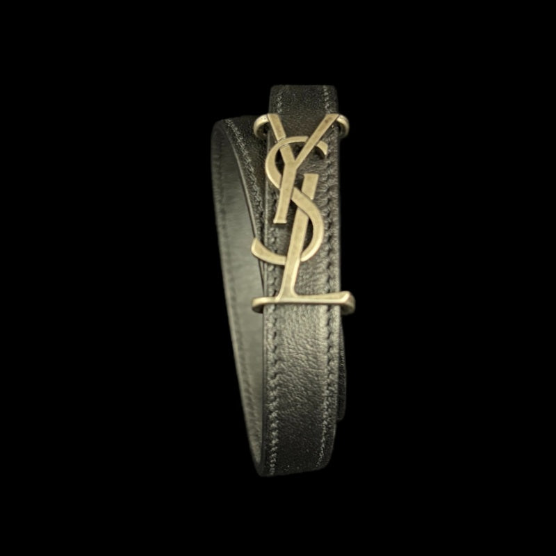 YVES SAINT LAURENT Black Leather Logo Bangle Bracelet With Silver Hardware