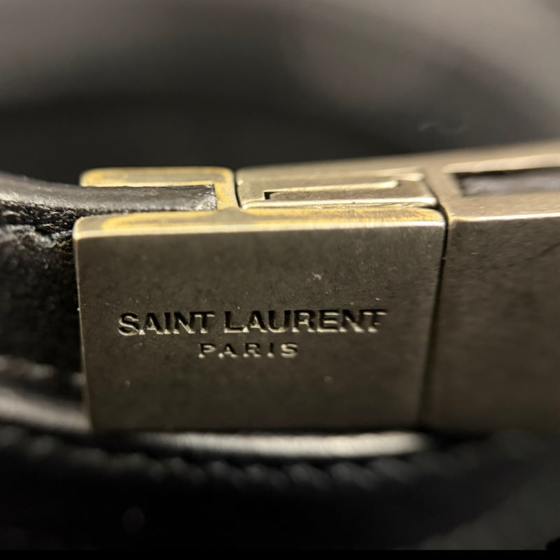 YVES SAINT LAURENT Black Leather Logo Bangle Bracelet With Silver Hardware