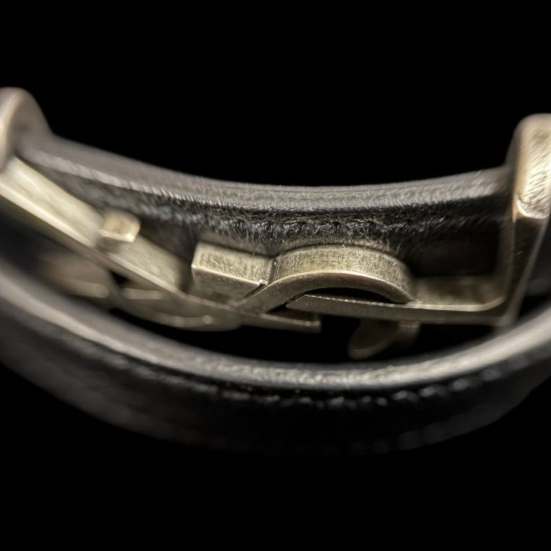 YVES SAINT LAURENT Black Leather Logo Bangle Bracelet With Silver Hardware