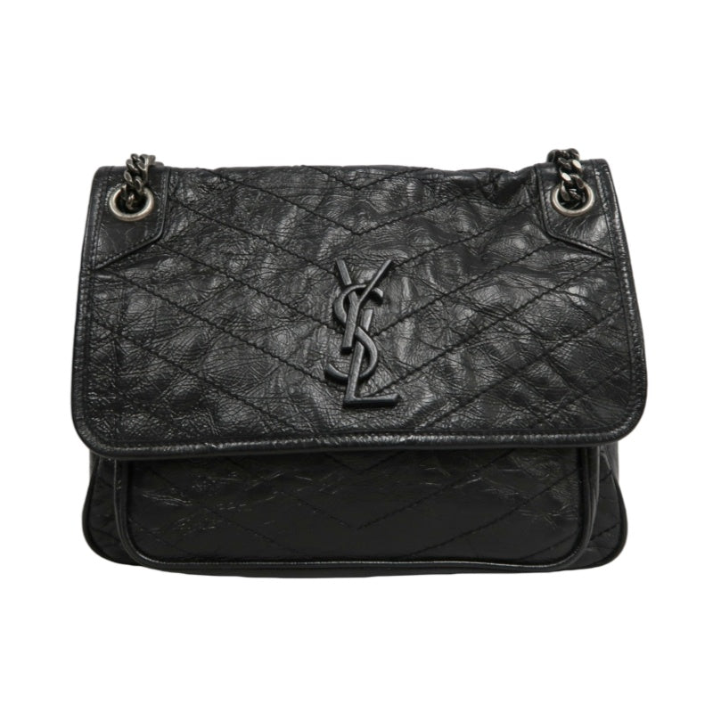YVES SAINT LAURENT NIKI Black Waxed Leather Shoulder Bag With Silver Hardware