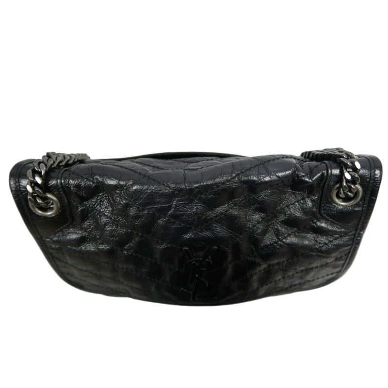YVES SAINT LAURENT NIKI Black Waxed Leather Shoulder Bag With Silver Hardware