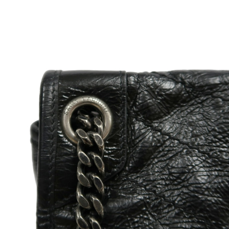 YVES SAINT LAURENT NIKI Black Waxed Leather Shoulder Bag With Silver Hardware