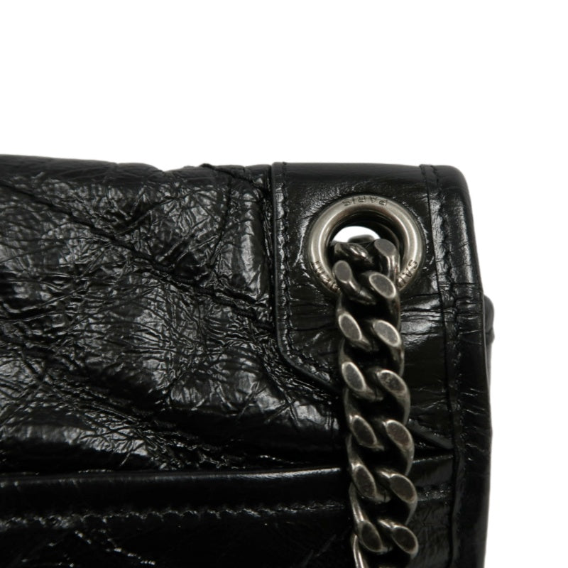 YVES SAINT LAURENT NIKI Black Waxed Leather Shoulder Bag With Silver Hardware