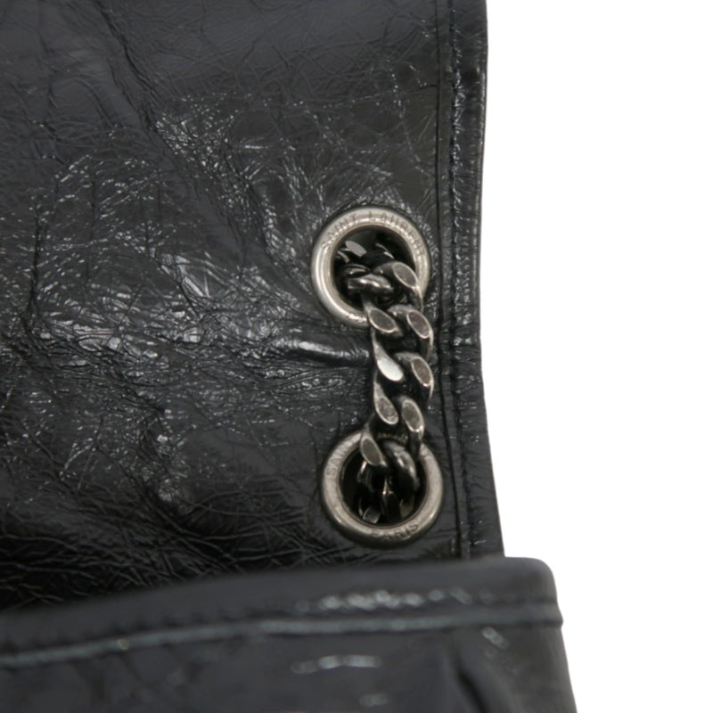 YVES SAINT LAURENT NIKI Black Waxed Leather Shoulder Bag With Silver Hardware