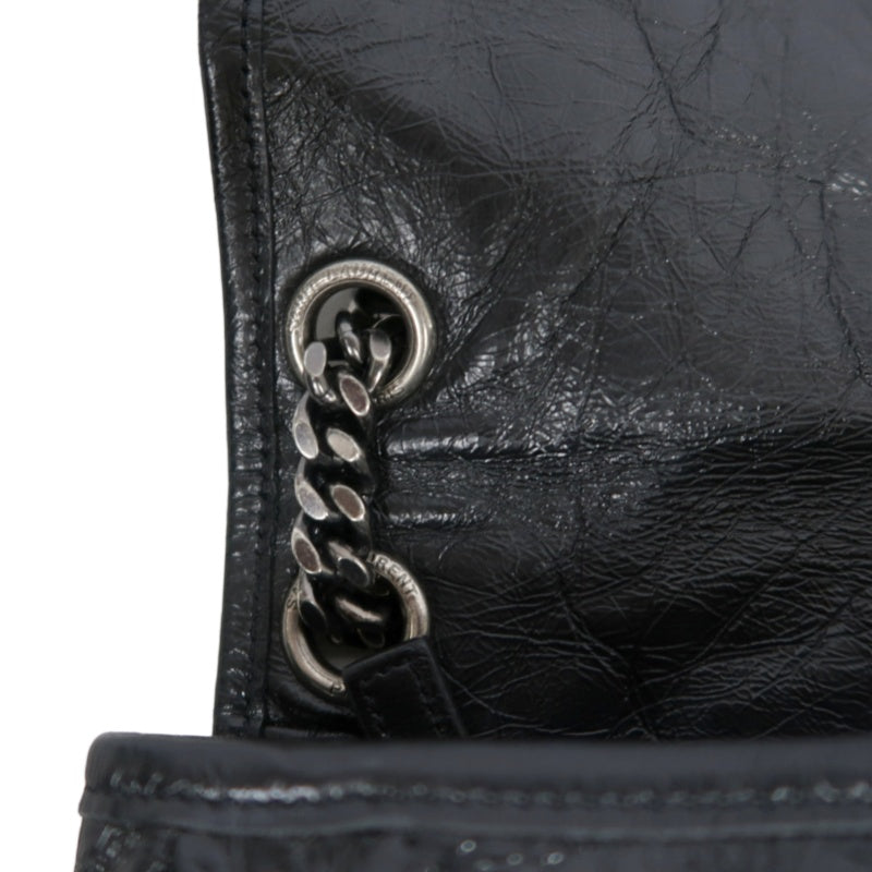 YVES SAINT LAURENT NIKI Black Waxed Leather Shoulder Bag With Silver Hardware