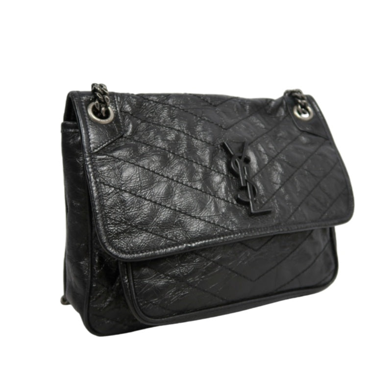 YVES SAINT LAURENT NIKI Black Waxed Leather Shoulder Bag With Silver Hardware