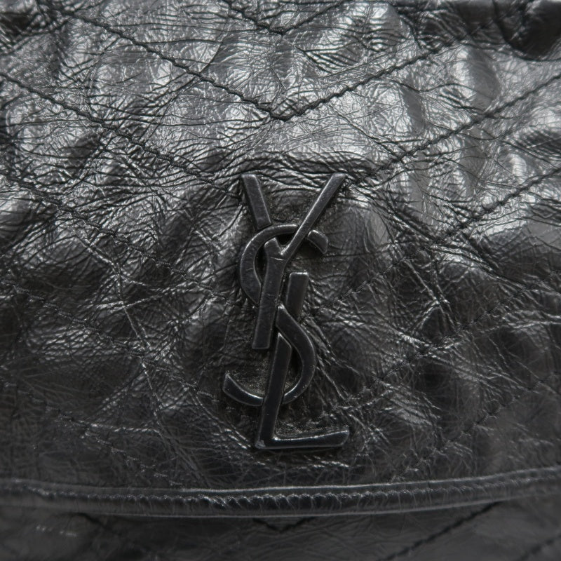 YVES SAINT LAURENT NIKI Black Waxed Leather Shoulder Bag With Silver Hardware