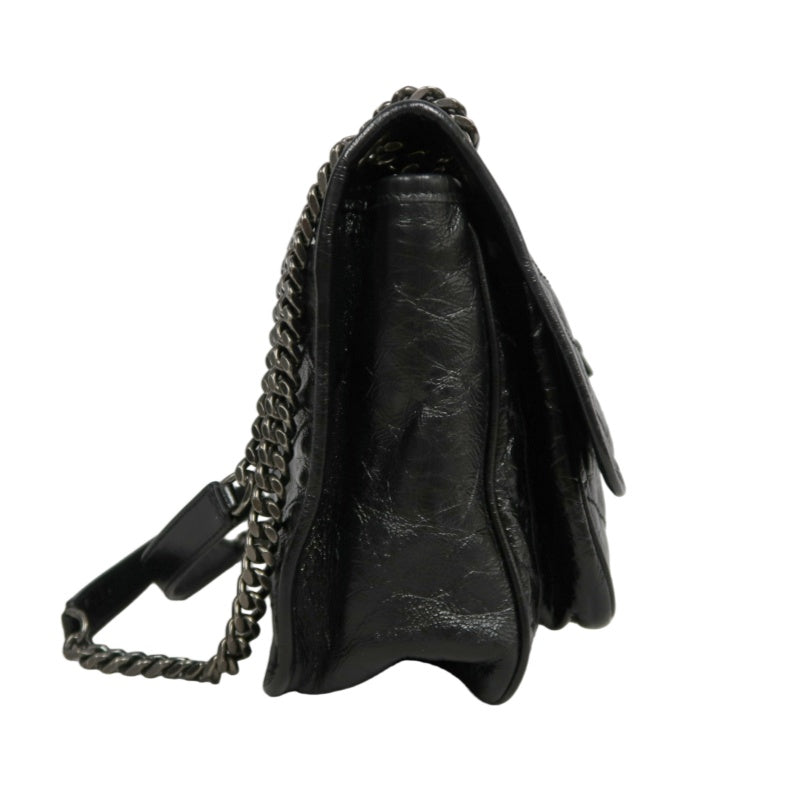 YVES SAINT LAURENT NIKI Black Waxed Leather Shoulder Bag With Silver Hardware