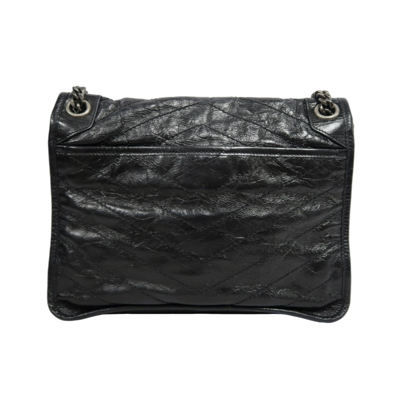 YVES SAINT LAURENT NIKI Black Waxed Leather Shoulder Bag With Silver Hardware