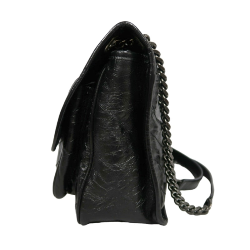 YVES SAINT LAURENT NIKI Black Waxed Leather Shoulder Bag With Silver Hardware
