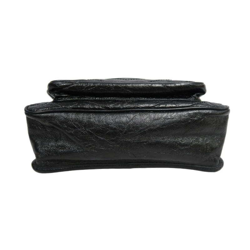 YVES SAINT LAURENT NIKI Black Waxed Leather Shoulder Bag With Silver Hardware