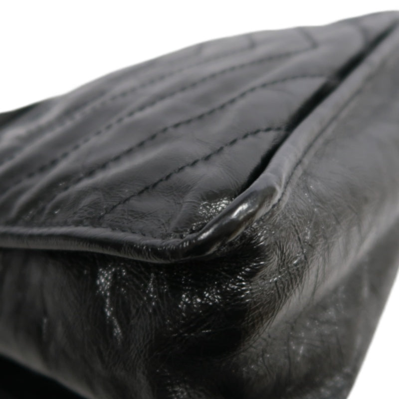 YVES SAINT LAURENT NIKI Black Waxed Leather Shoulder Bag With Silver Hardware