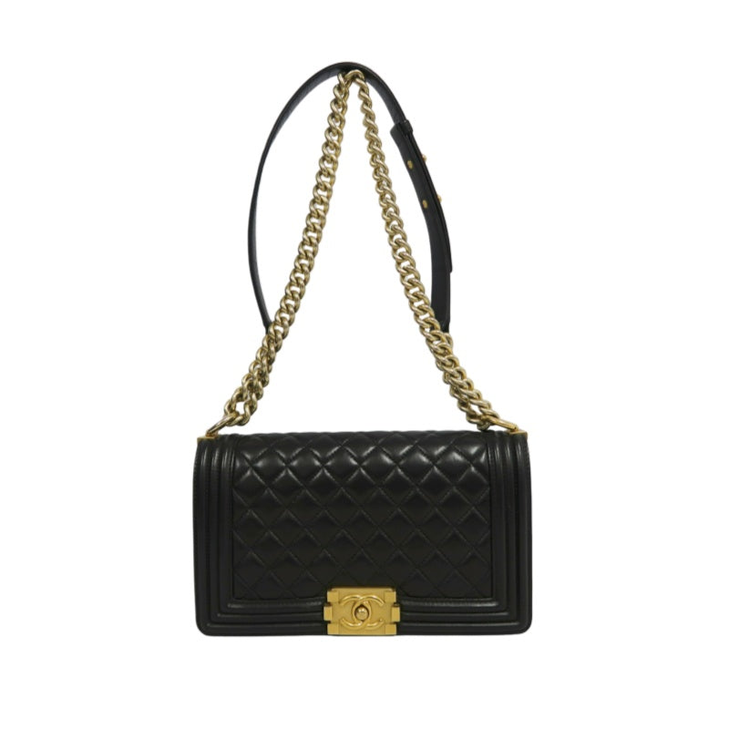 CHANEL Boy Leboy Quilted Lambskin Shoulder Bag In Black With Gold Hardware