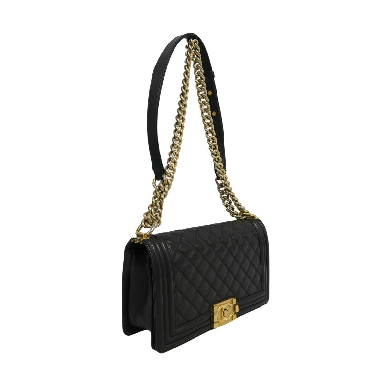 CHANEL Boy Leboy Quilted Lambskin Shoulder Bag In Black With Gold Hardware