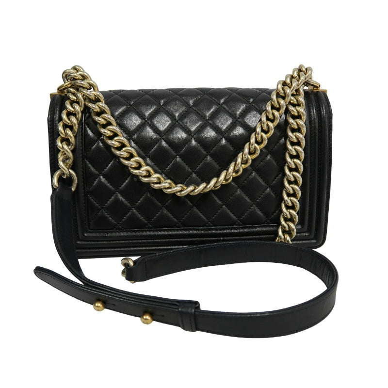CHANEL Boy Leboy Quilted Lambskin Shoulder Bag In Black With Gold Hardware
