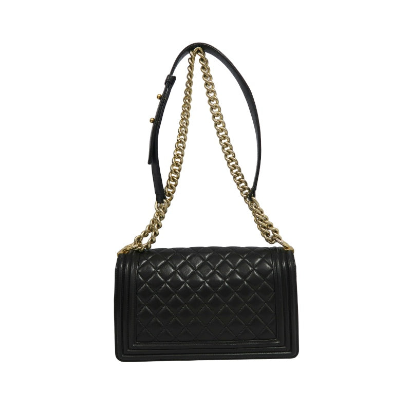 CHANEL Boy Leboy Quilted Lambskin Shoulder Bag In Black With Gold Hardware