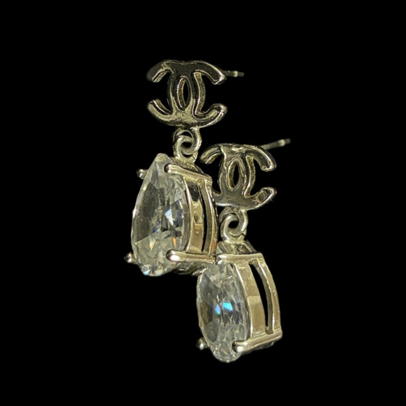 CHANEL Silver Alloy Pear-shaped Crystal Double CC Stud Earrings With Silver Hardware