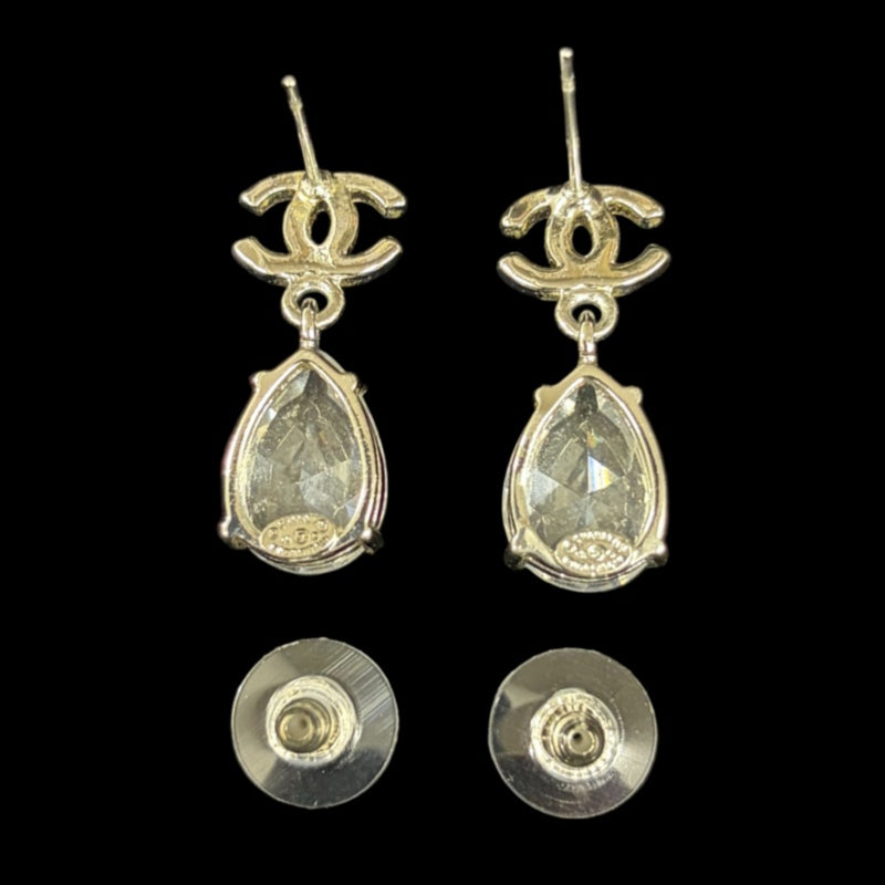 CHANEL Silver Alloy Pear-shaped Crystal Double CC Stud Earrings With Silver Hardware