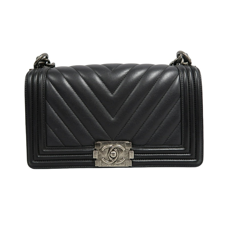 CHANEL Black Calfskin V-stitch Boy Leboy Silver Buckle Shoulder Bag With Silver Hardware