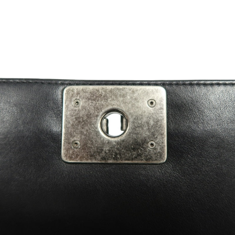 CHANEL Black Calfskin V-stitch Boy Leboy Silver Buckle Shoulder Bag With Silver Hardware