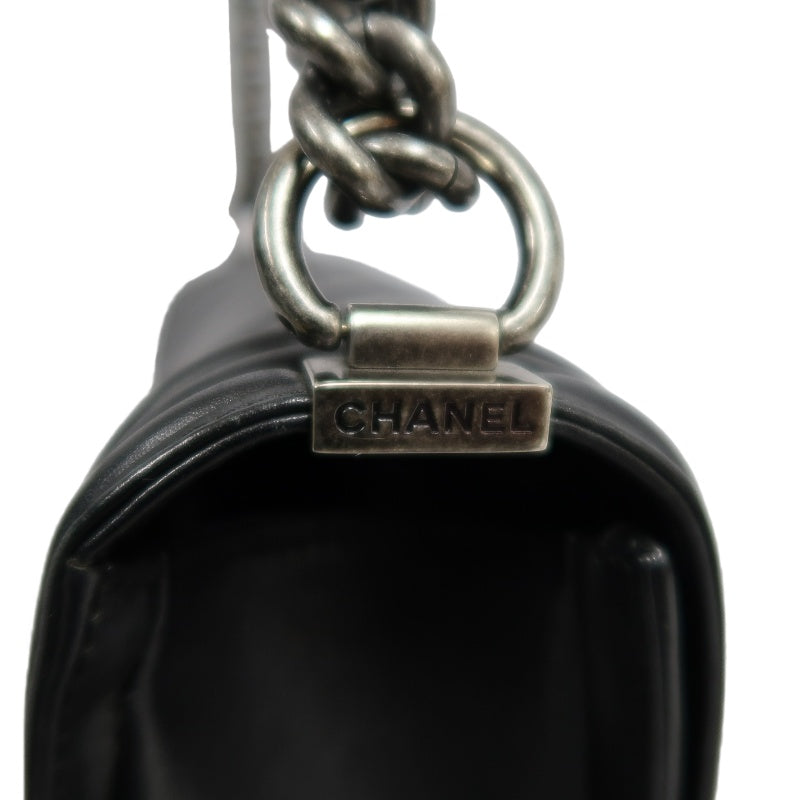 CHANEL Black Calfskin V-stitch Boy Leboy Silver Buckle Shoulder Bag With Silver Hardware