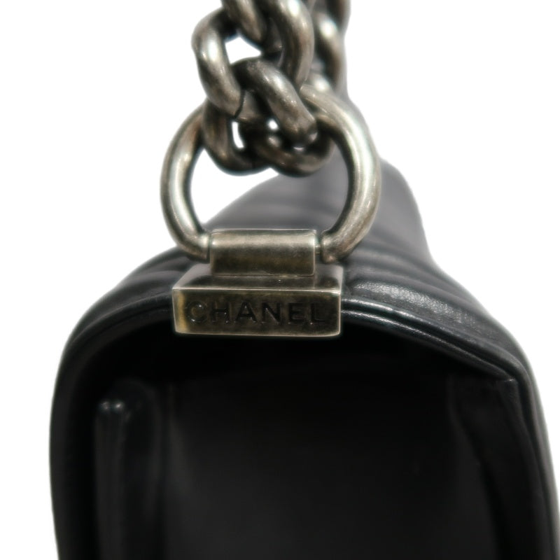 CHANEL Black Calfskin V-stitch Boy Leboy Silver Buckle Shoulder Bag With Silver Hardware