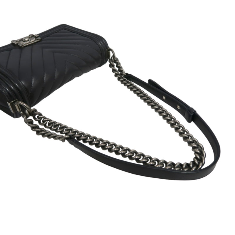 CHANEL Black Calfskin V-stitch Boy Leboy Silver Buckle Shoulder Bag With Silver Hardware