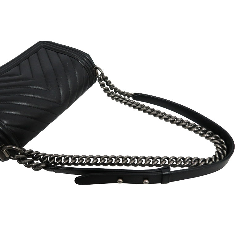 CHANEL Black Calfskin V-stitch Boy Leboy Silver Buckle Shoulder Bag With Silver Hardware