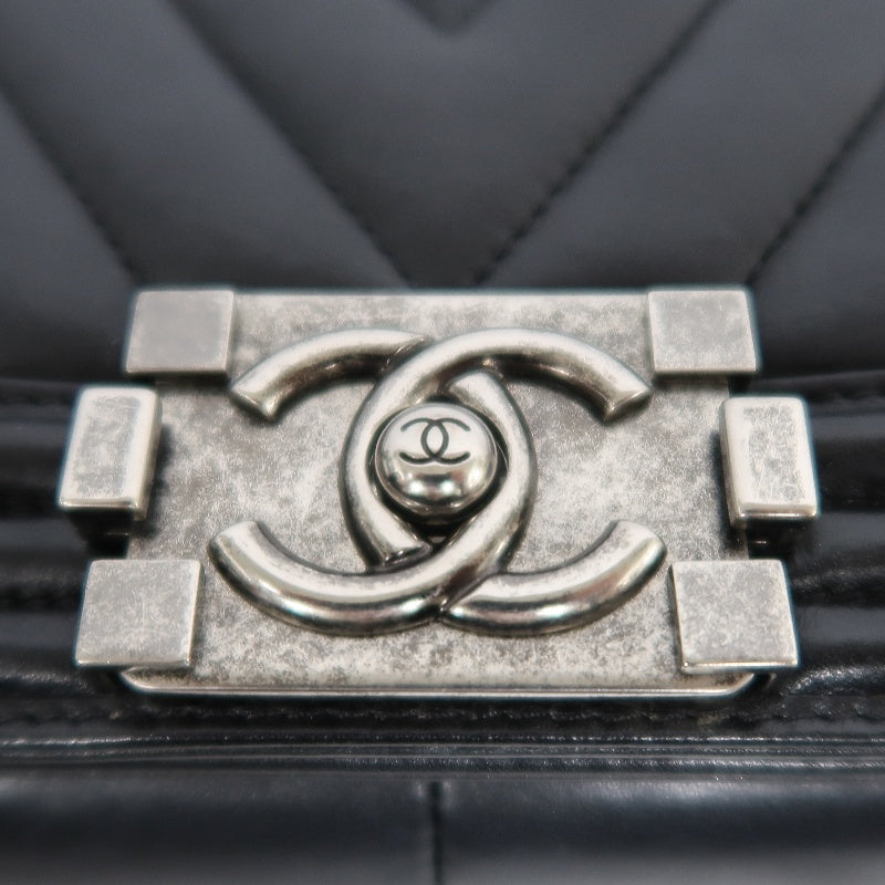 CHANEL Black Calfskin V-stitch Boy Leboy Silver Buckle Shoulder Bag With Silver Hardware