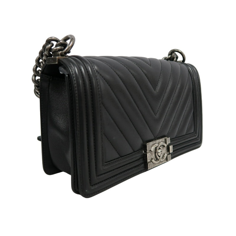 CHANEL Black Calfskin V-stitch Boy Leboy Silver Buckle Shoulder Bag With Silver Hardware